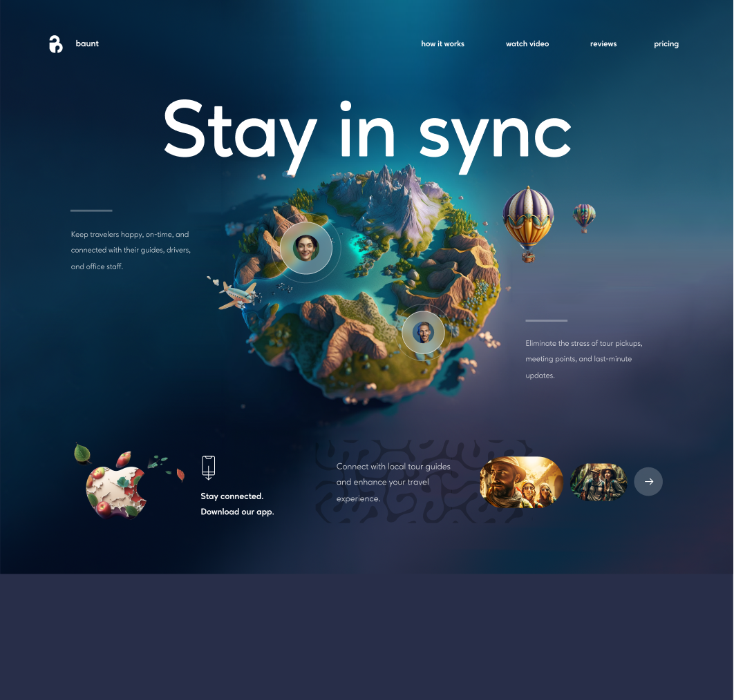 Stylized 3D rendered miniature planet Earth with diverse landscapes including mountains, forests, and hot air balloons floating above, with two circular profile photos connected by a dotted line across the surface