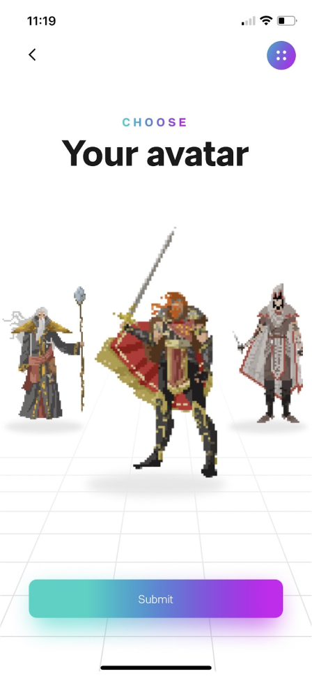 Character selection screen in pixel art style titled "Choose Your avatar" featuring a wizard, a red-caped warrior, and a hooded assassin.