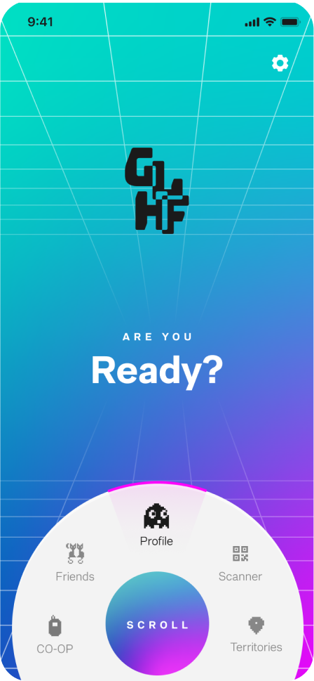 Mobile game home screen for "GLHF" with a futuristic neon gradient background and a circular navigation menu featuring Profile, Scanner, and Territories