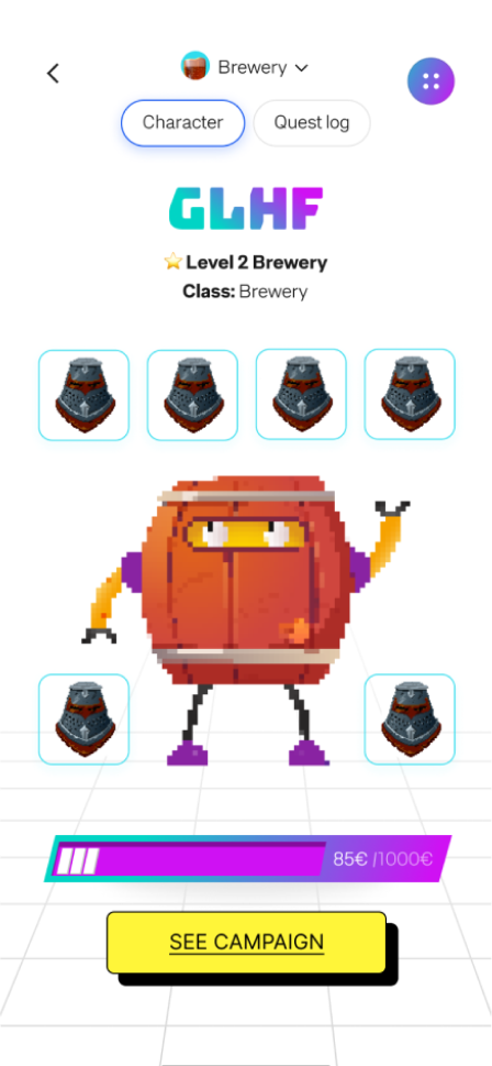 Game character profile for a "Level 2 Brewery" class featuring a pixel art barrel-shaped robot and a crowdfunding progress bar for a campaign.