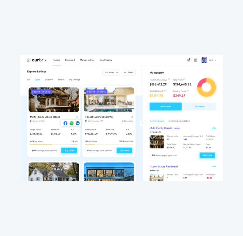 OurBrix desktop UI design engagement: property listings and investment account