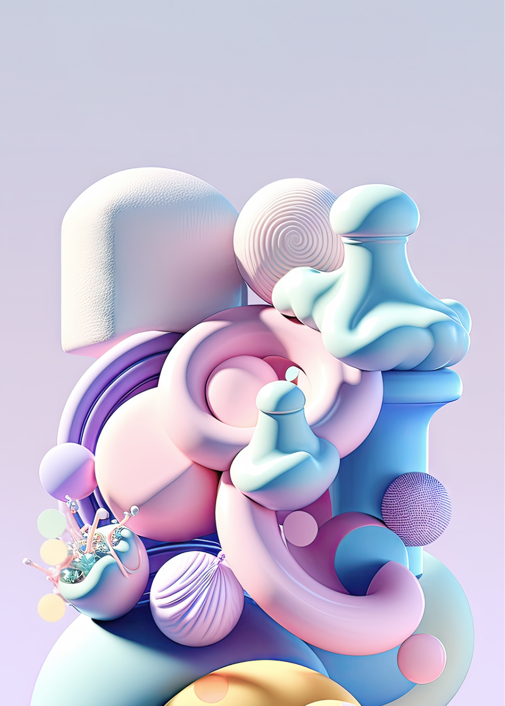Abstract 3D art featuring a cluster of soft, rounded pastel shapes and textured spheres.