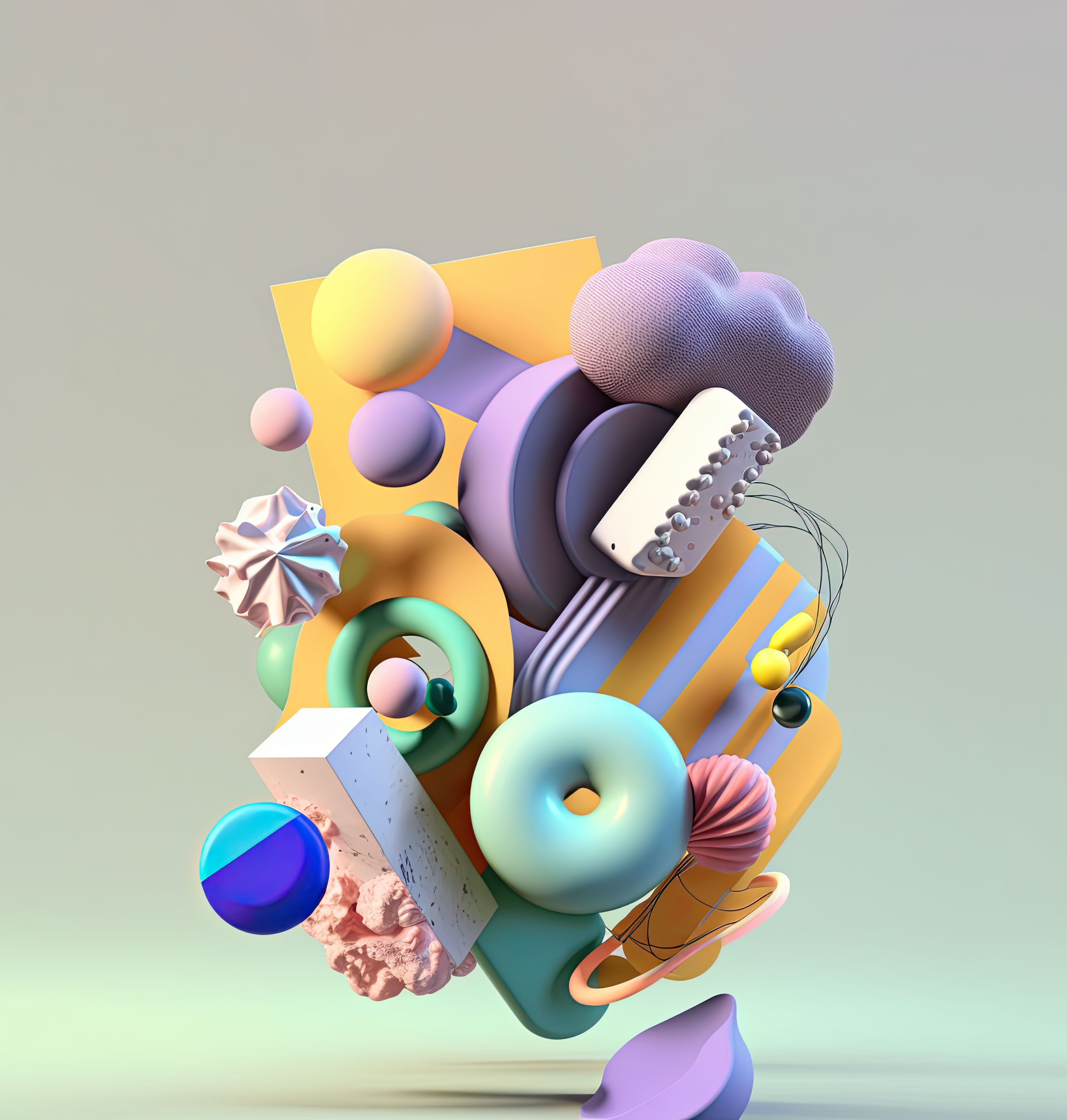 Abstract 3D art featuring a floating light blue torus, yellow geometric planes, and textured purple and white forms.